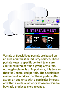 Vortals or specialized portals are based on an area of interest or industry-service. These portals keep to specific content to ensure continued interest from a group of visitors. Although volume is of importance, it is less so than for Generalized portals.