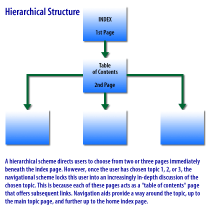 3) A hierarchical scheme directs users to choose from two or three pages immediately beneath the index page.