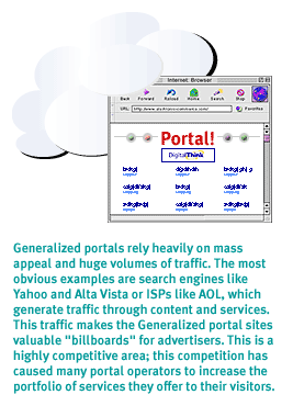 Generalized portals rely heavily on mass appeal and huge volumes of traffic. The most obvious examples are search engines like Google, Bing, and DuckDuckGo. ISPs like AOL generate traffic through content and services.