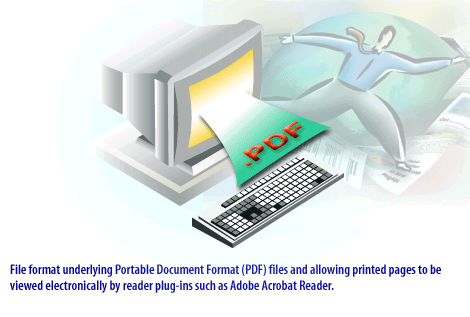 2) File format underlying (PDF) portable document format files and allowing printed pages to be viewed electronically be reader plug-ins such as Adobe Acrobat Reader.