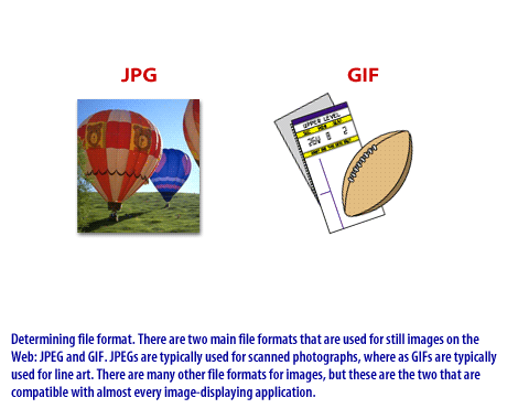 1) Determining file format. There are two main file formats that are used for still images on the web: JPEG and GIF