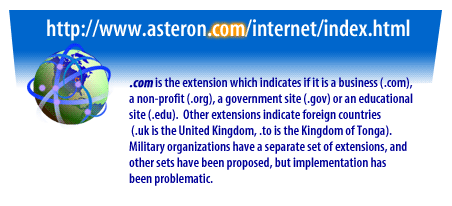 4) .com is the extension which indicates if it is a business (.com), a non-profit (.org), a government site (.gov) or an educational site (.edu)